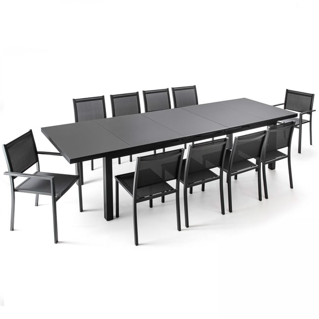 Salon de jardin table extensible 256/320 cm avec 10 assises, ALBI gris <span itemprop=