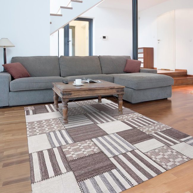 Tapis kilim PATCHWINDIA, fait à la main en laine motif géométrique Couleur ivoire <span itemprop=
