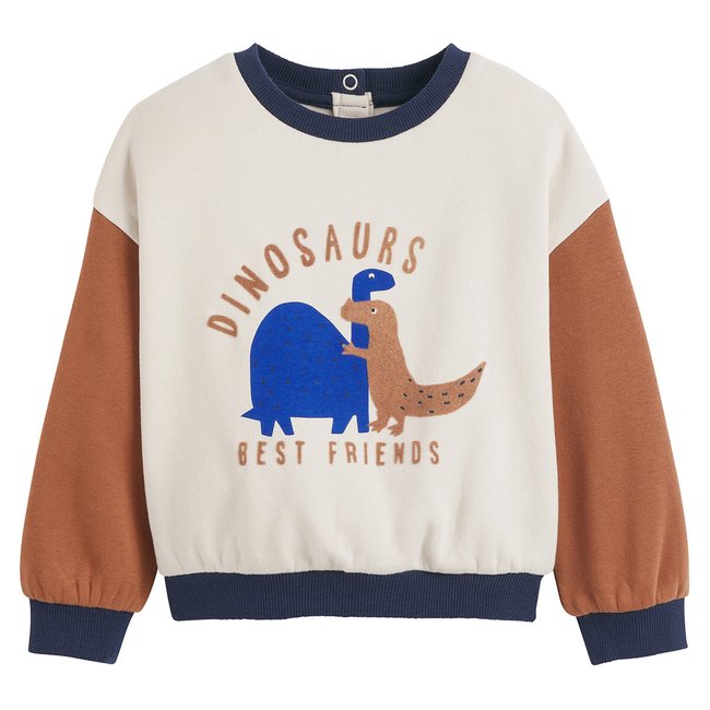Dinosaur Cotton Mix Sweatshirt with Crew Neck, beige+camel, LA REDOUTE COLLECTIONS