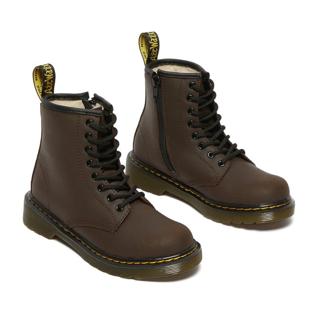 Kids 1460 Serena Farrier Ankle Boots in Leather with Faux Fur Lining, dark brown, DR. MARTENS