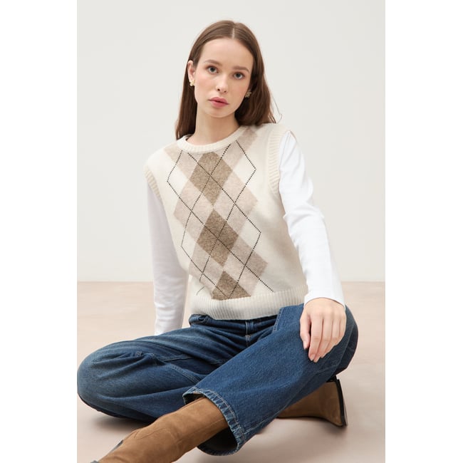 Pull sans manches col rond ecru <span itemprop=