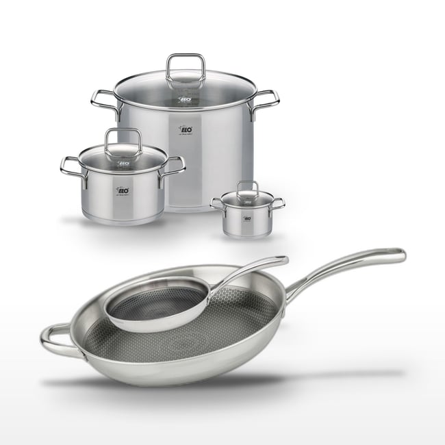 Batterie 2 poêles 24/32cm + 3 faitouts RELIEF EVOLUTION inox <span itemprop=