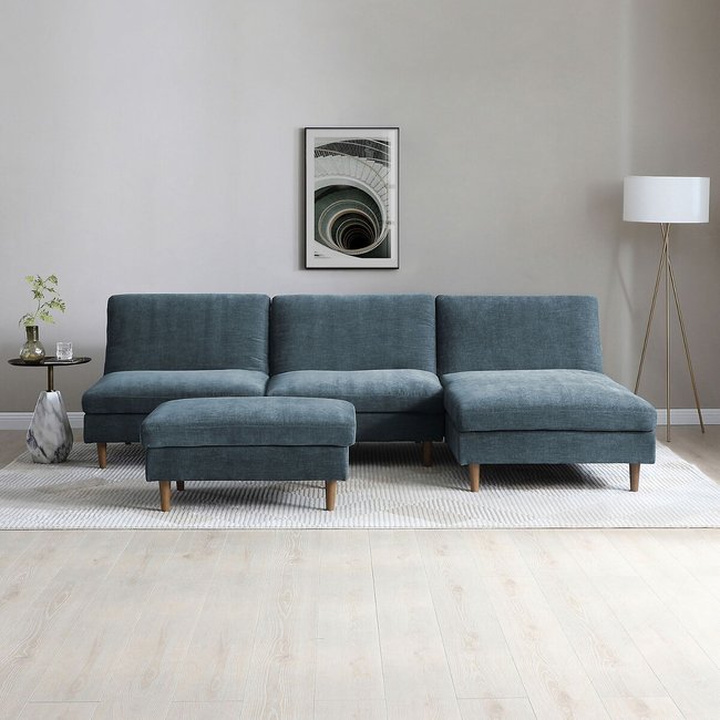 Sawyer Chenille U-Shape 3 seater Modular Corner Click Clack Sofa Bed and Foots, navy, SO'HOME