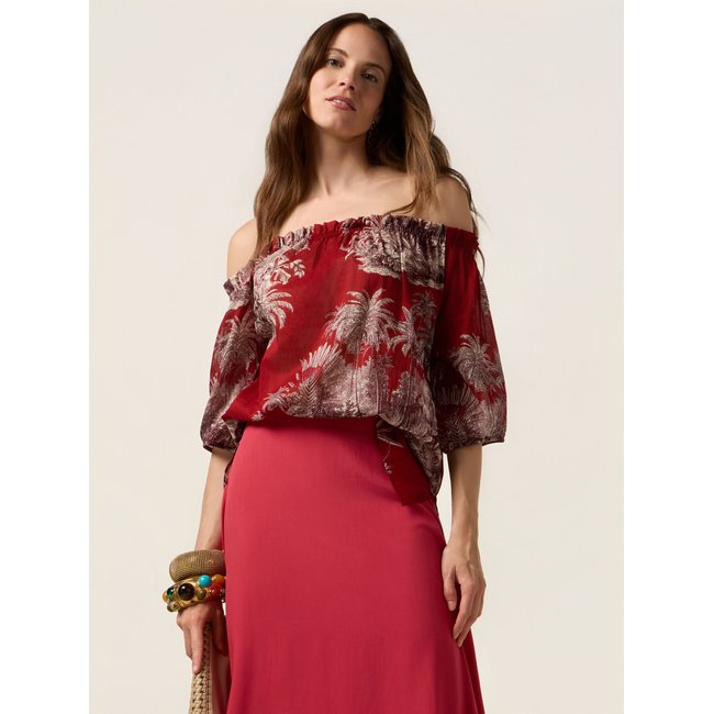 CHEMISIER en mousseline de coton à motif tropical burgundy <span itemprop=