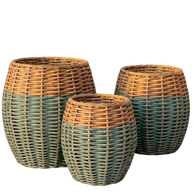 Set de 3 paniers tressés en rotin synthétique pour extérieur 55x55x47cm Couleur vert <span itemprop=