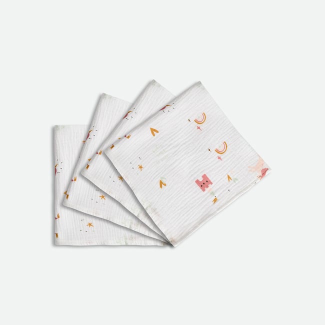 Lot de 4 langes imprimés, en gaze de coton, CHATEAU LICORNE imprimé <span itemprop=