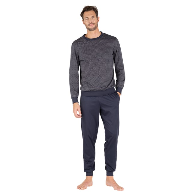 Pyjama mercerisé imprimé col rond bleu marine/imprimé <span itemprop=