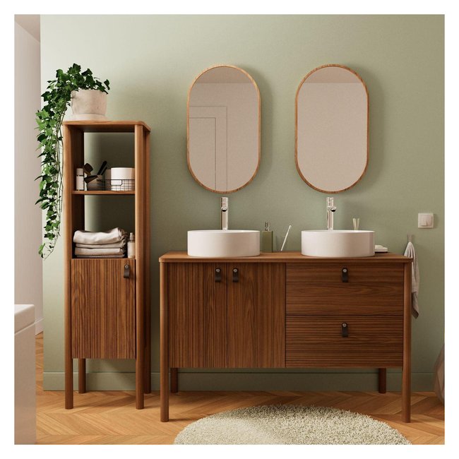 Ensemble meuble double vasque 120cm + vasque + robinet + miroir + colonne JOY Couleur noyer - mdf - mat <span itemprop=