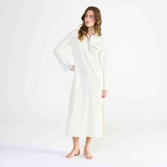 Chemise de nuit longue col polo en coton MYSTÉRIEUSE ecru <span itemprop=