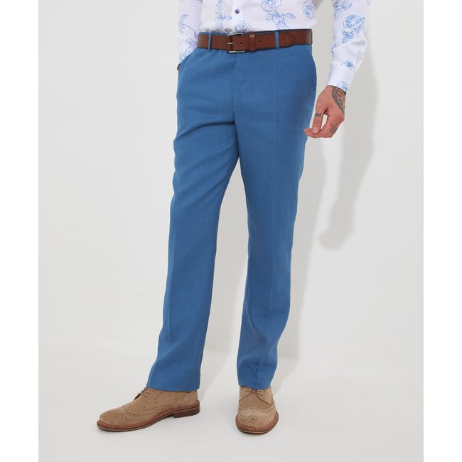 Pantalon Costume Lin Jambes Droites bleu <span itemprop=