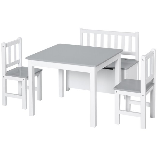 Ensemble table chaises enfant - set de 4 pcs - table, 2 chaises, banc coffre 2 en 1 - MDF pin gris <span itemprop=