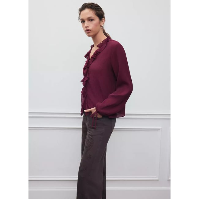 Chemise en mousseline texturée à volants mûre <span itemprop=