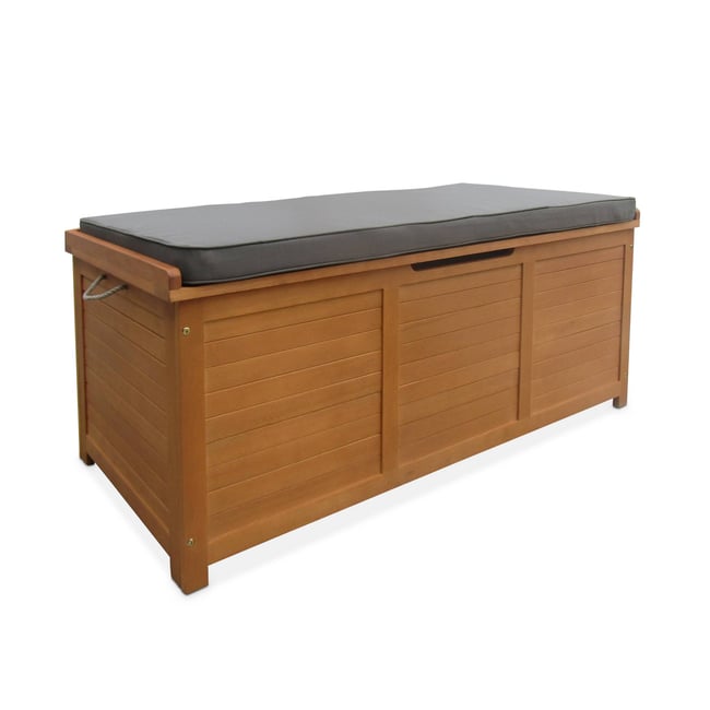 Coffre de jardin bois d'eucalyptus 200L avec vérins CAJA bois / gris <span itemprop=