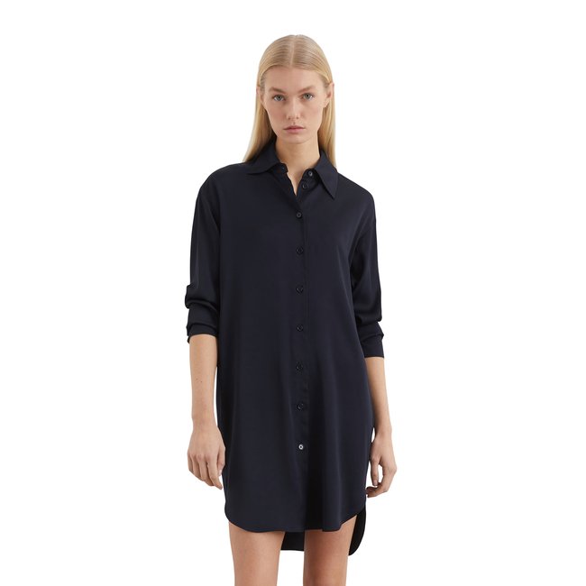 Robe chemisier en satin regular en viscose stretch fluide bleu foncé <span itemprop=