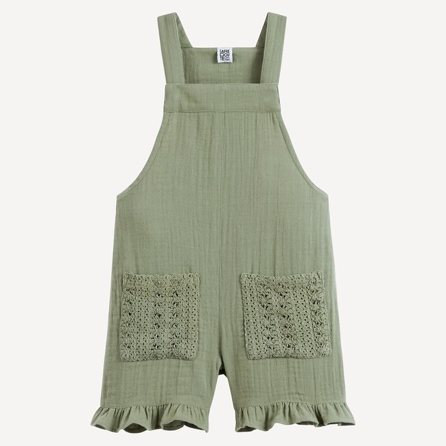 Combishort sans manches en gaze de coton kaki <span itemprop=
