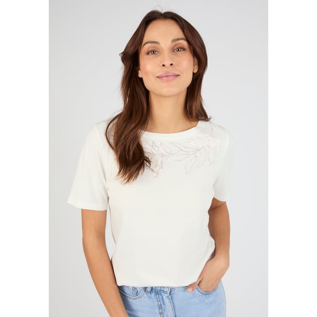 T-shirt broderie et sequins pur coton blanc cassé <span itemprop=