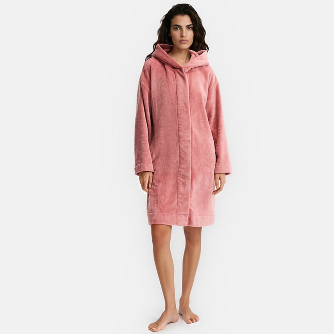 Fleece hooded bathrobe, dusty pink, SO'HOME