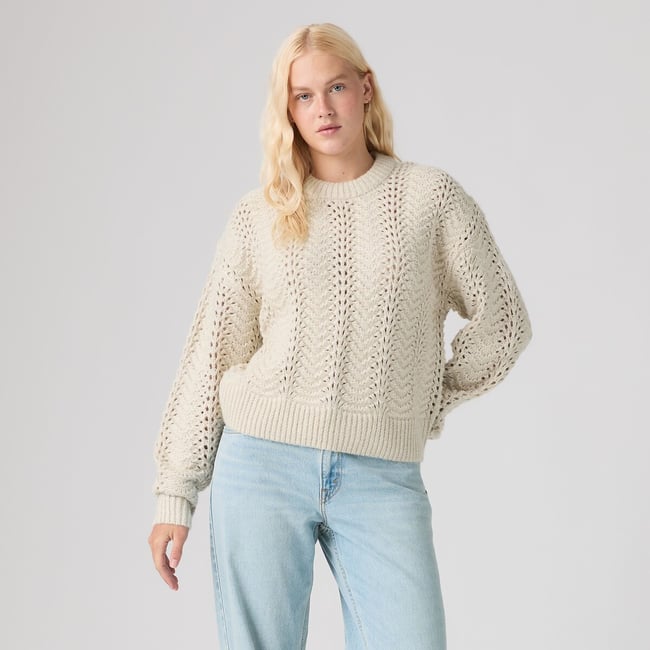 Pull maille pointelle col rond ecru/doré <span itemprop=