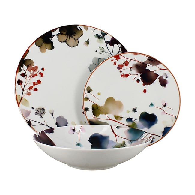Service de table 36 pièces en porcelaine, AQUARELLE Couleur motif fleuri <span itemprop=