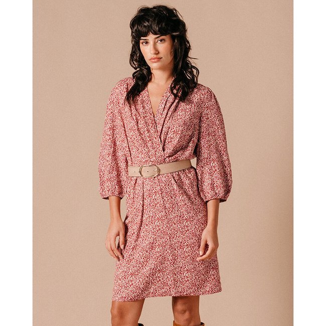 Vestido curto Laurelia, decote cruzado, mangas 3/4 cru/laranja <span itemprop=