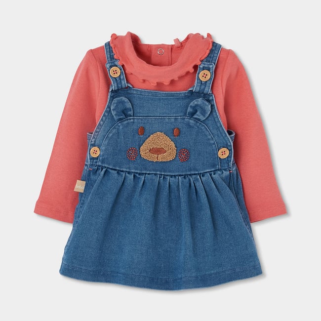 Ensemble maille denim bébé fille broderie ours rouge <span itemprop=