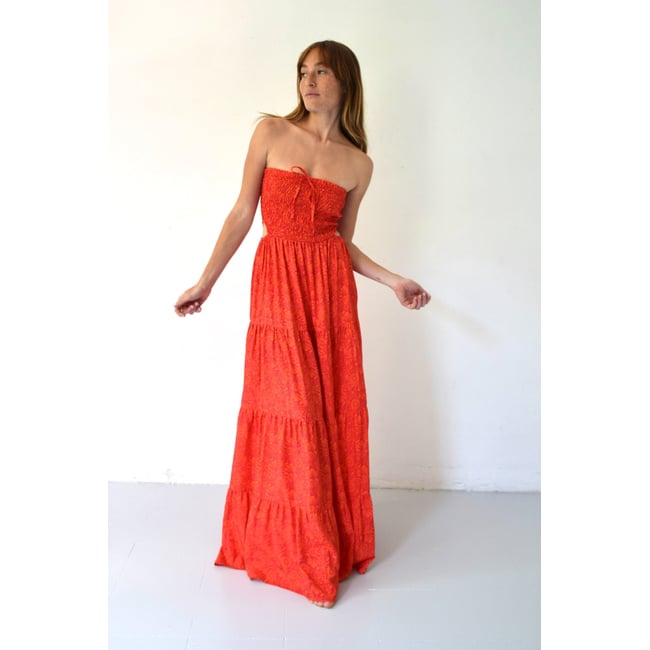 Robe longue bustier marguerites CASIOPEA orange / fuchsia <span itemprop=