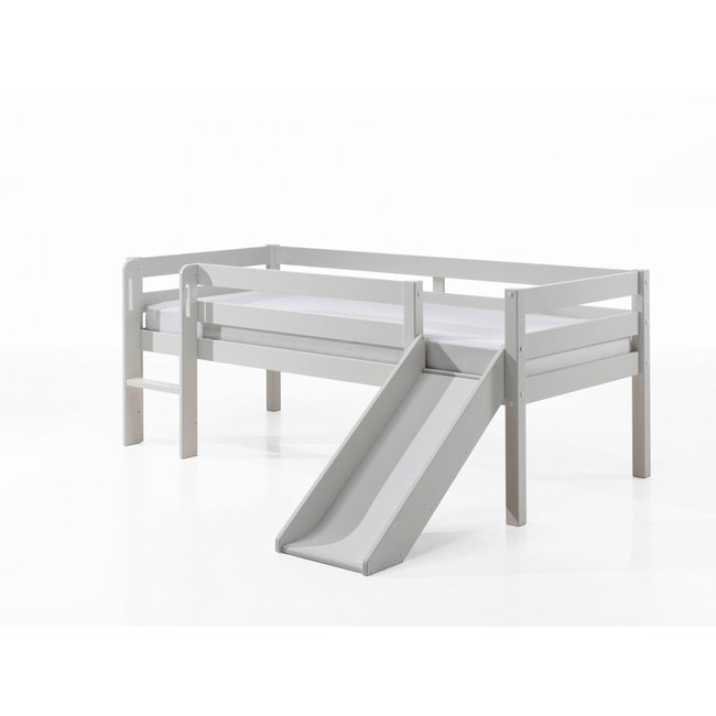 lit mi-hauteur + toboggan, 2 tiroirs de rangement et tablette penderie Couleur blanc <span itemprop=