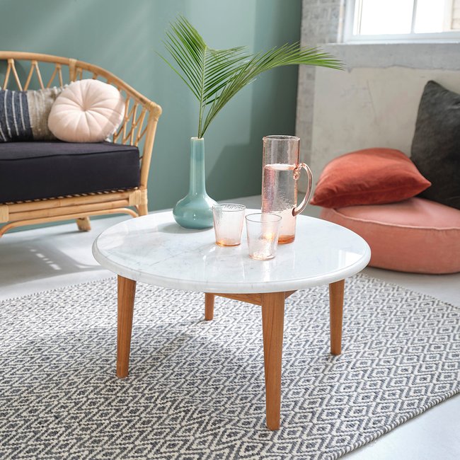 Table basse en teck massif et métal ronde Couleur blanc <span itemprop=