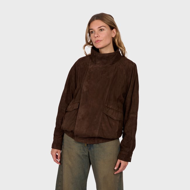 Blouson en cuir suède à col montant SAILOR chocolat <span itemprop=