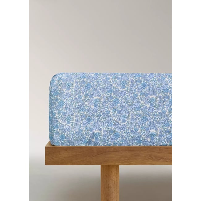 Drap-housse enfant percale fleurs 135/140 cm bleu <span itemprop=