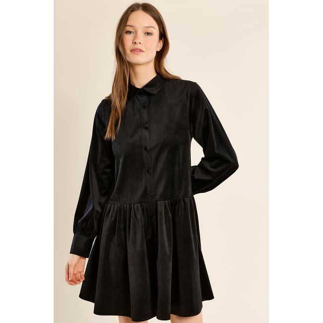 Robe chemise courte volantée noir <span itemprop=