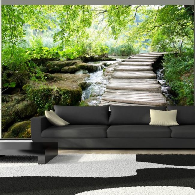 Papier peint intissé panoramique Paysage Forest path Couleur vert <span itemprop=