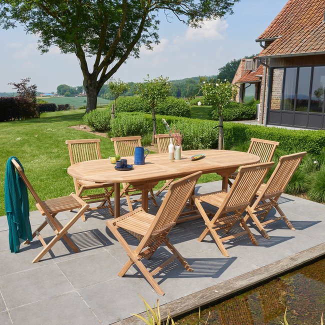 Salon de jardin en teck massif extensible 8/10 places  MIDLAND marron <span itemprop=