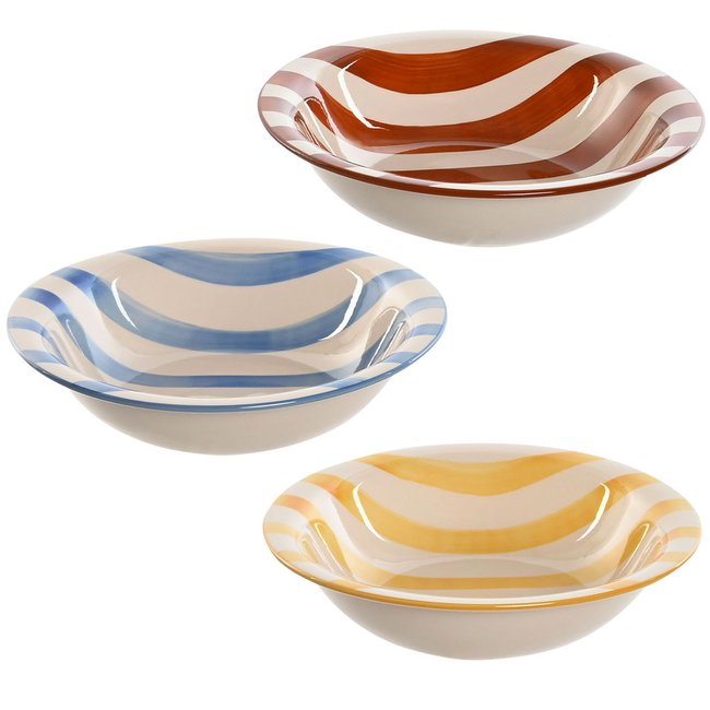Set de 3 assiettes creuses faïence rayures bleues, jaunes, rouges 21.5x21.5x5.5cm Couleur multicolore <span itemprop=