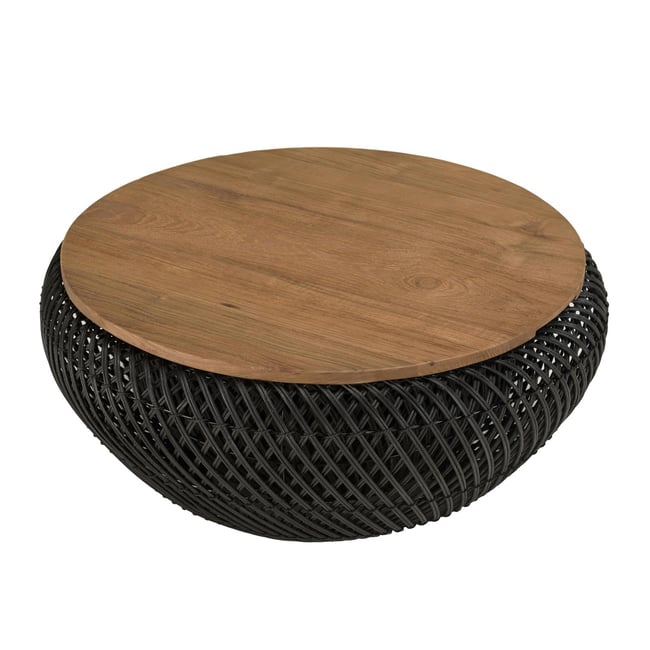 Table basse coffre ronde rotin noir et teck recyclé 66 cm SWING Couleur noir <span itemprop=