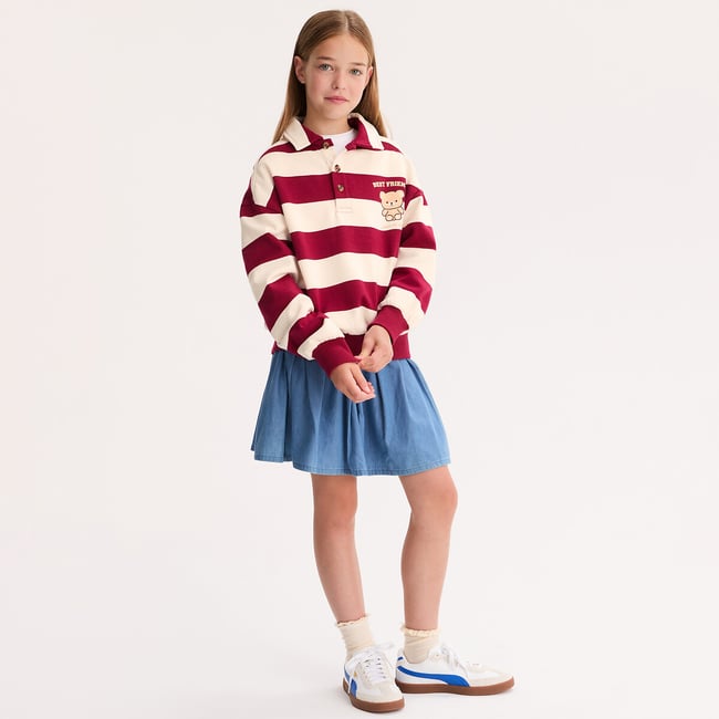 Sweat rayé avec col polo rayé bordeaux <span itemprop=