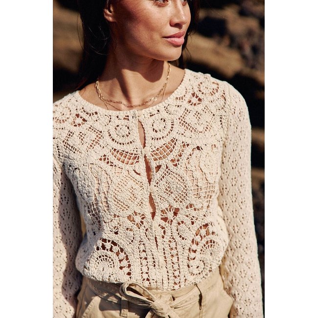 Cardigan col rond en maille ajourée, MAYLIN beige <span itemprop=