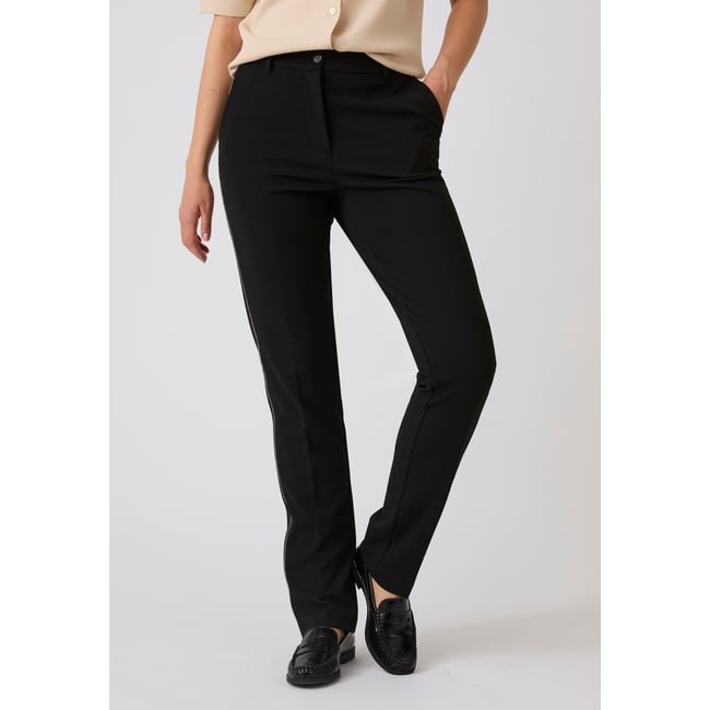 Pantalon maille crêpe stretch liserés côtés rouge bordeaux <span itemprop=