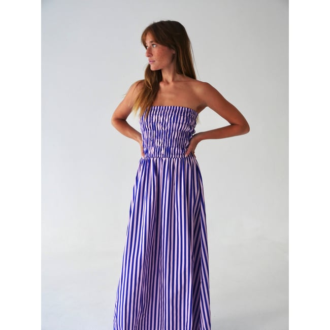 Robe longue bustier rayée EMILY bleu / rose <span itemprop=
