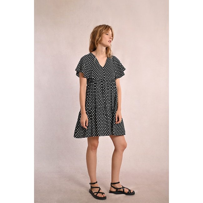 Robe courtes imprimée évasée manches courtes imprimé pois <span itemprop=