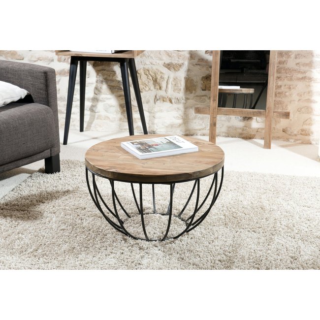 Table basse ronde 60cm plateau teck recyclé métal noir style contemporain industriel SWING Couleur bois naturel <span itemprop=