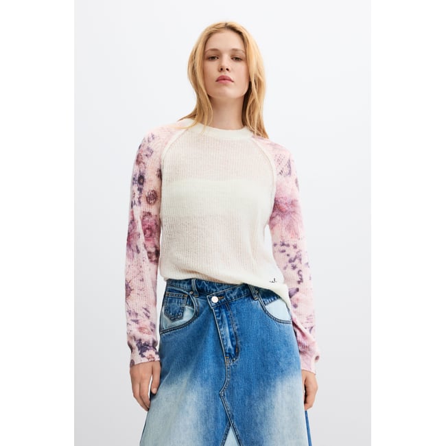 Pull à manches imprimées beige <span itemprop=