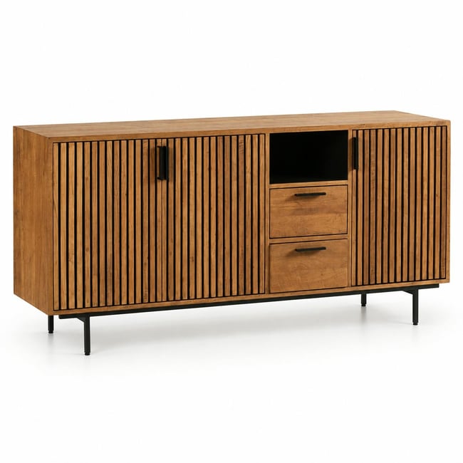 Bahut contemporain teck recyclé 3 portes rainurées FANO Couleur bois naturel <span itemprop=