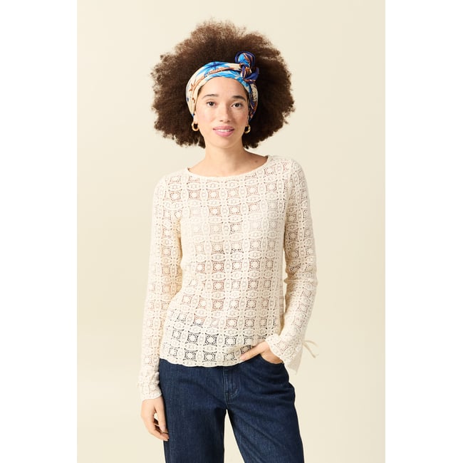 T-shirt manches longues en dentelle ecru <span itemprop=