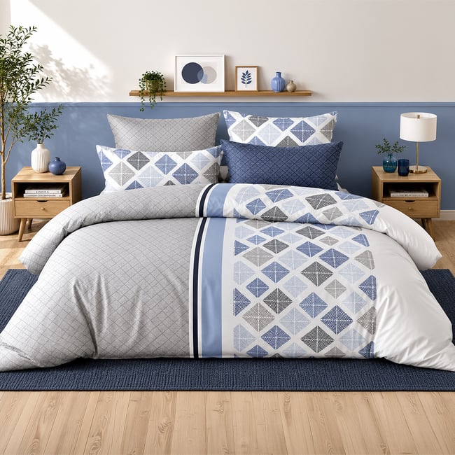 Parure de lit en percale de coton motif géométrique à losanges, BLEVARIS multicolore <span itemprop=