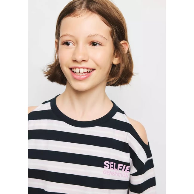 T-shirt coton à rayures message imprimé bleu marine <span itemprop=