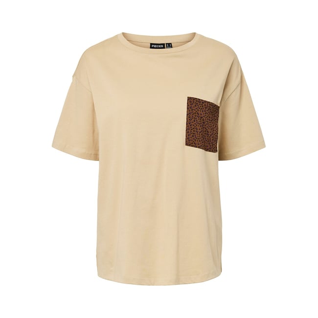 Short Sleeve Chest Detail T-Shirt, beige, PIECES