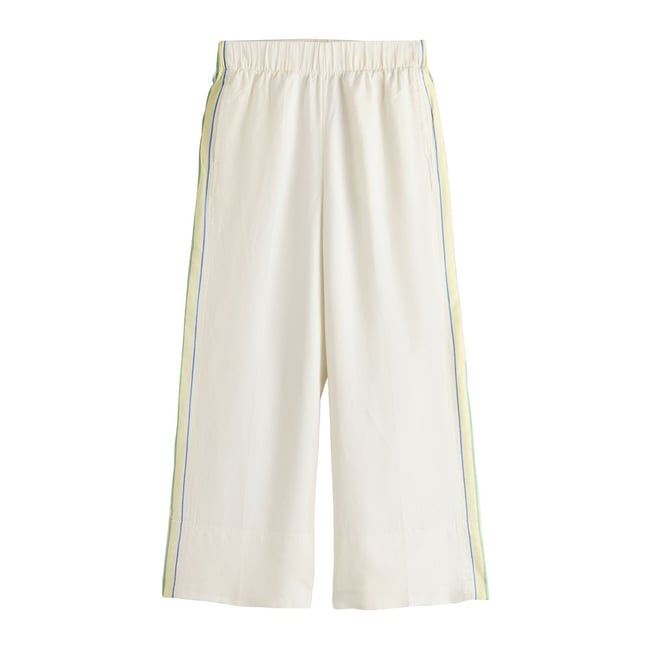 Pantalon en mélange de lin coupe large bande latérale écru/jaune <span itemprop=