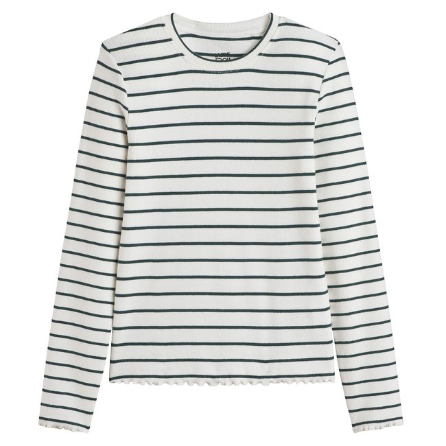 Camisola às riscas e em canelado, de mangas compridas riscas cru/verde <span itemprop=