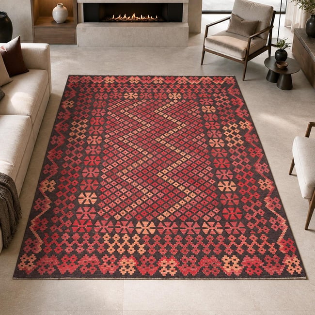 Tapis kilim géométrique, tissé plat en laine, KILIM 95 Couleur rouge, beige, noir <span itemprop=